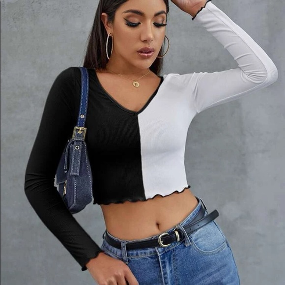 Shein Tops Shein Long Sleeve Crop Top Half Black Half White Vneck Poshmark Shein Tops Shein Long Sleeve Crop Top Half Black Half White Vneck Poshmark